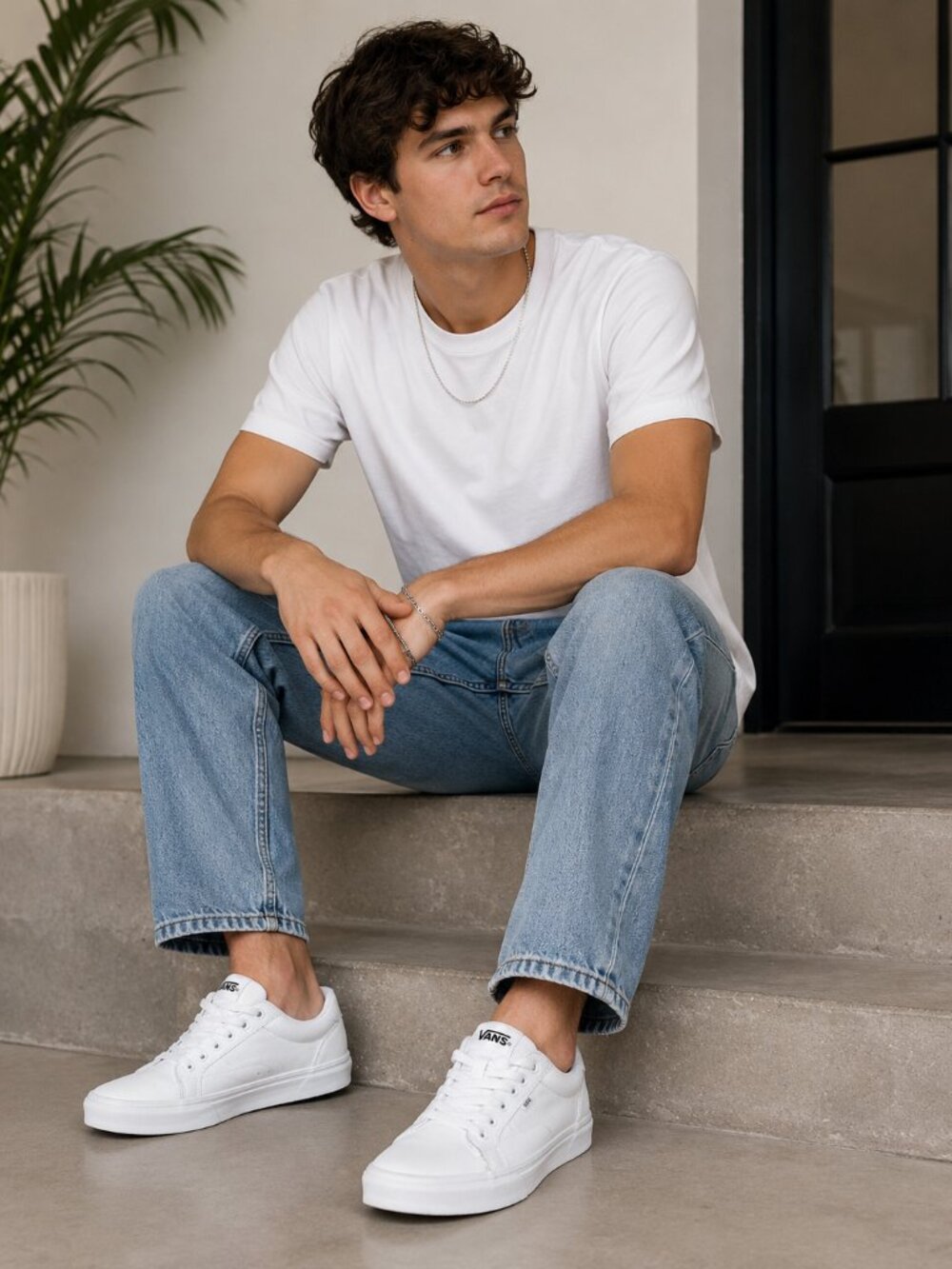 Vans Seldan Leather White Sneakers Mens 8.5 Clean Minimal Classic